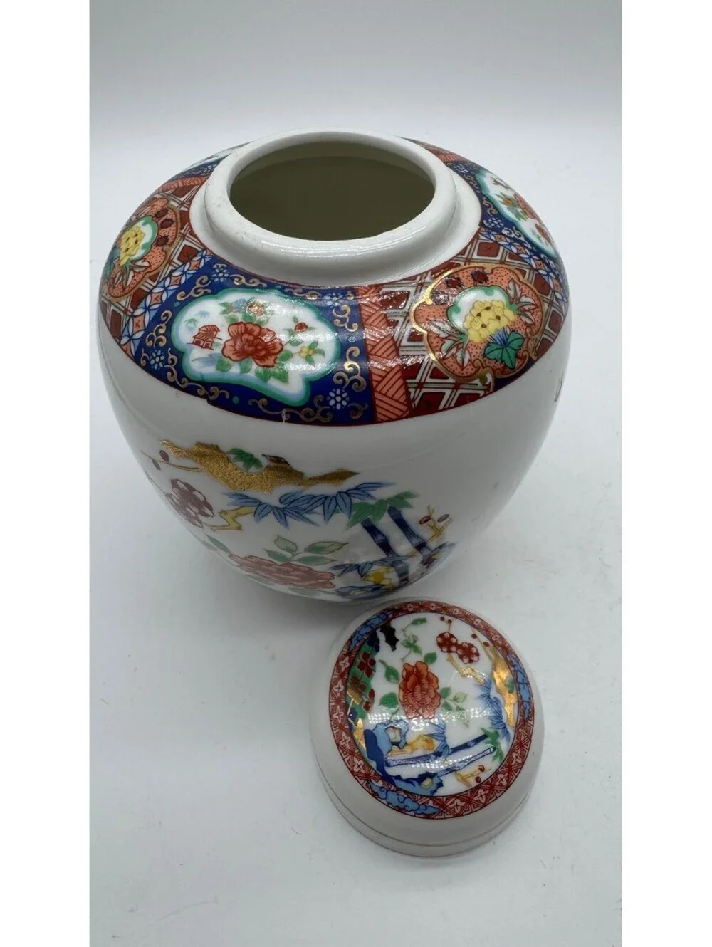 Vintage Miyako Imari Ware Japan Porcelain Ginger Jar Floral Bamboo Gold